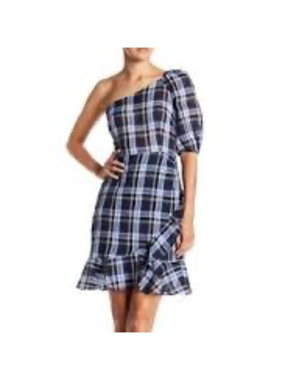 Donna Morgan Plaid Print One Shoulder Linen Blend Construction Dress